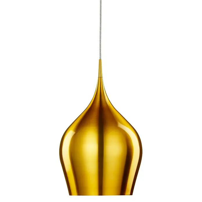 Searchlight Lámpara colgante Vibrant - 60 W, L x An x Al: 26 x 26 x 160 cm, Oro, E27, 260 mm - Primer plano de una lámpara colgante dorada con acabado brillante y un diseño elegante y minimalista sobre un fondo negro.