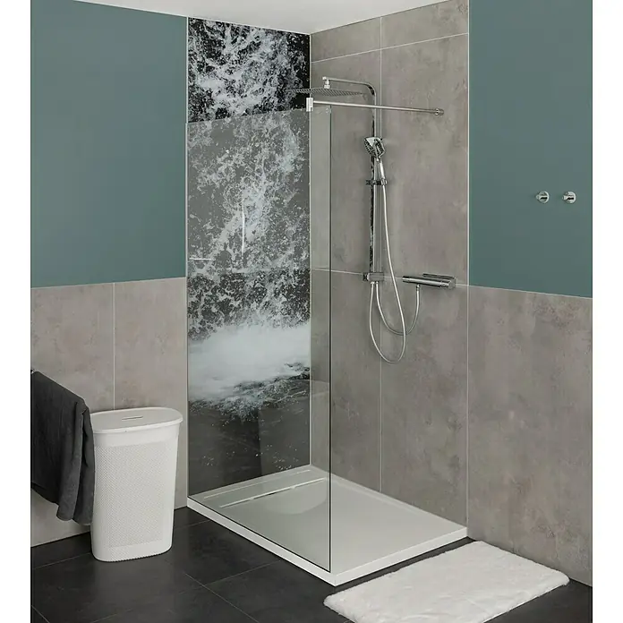 Camargue Brausethermostat Yunik - Chrom, Glänzend - Moderne Duschkabine mit Glaswand und Wasserfalldekor, ideal für ein stilvolles Badezimmerdesign.