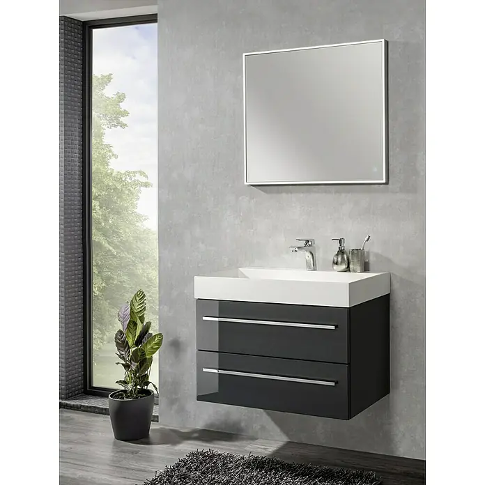 Camargue Lichtspiegel Frame - 80 x 68 cm, Leuchtmittel, Mit eckigen Kanten - Elegantes Badezimmer-Waschtisch-Set mit modernem Unterschrank, Waschbecken und Spiegel, das stilvolles Design und Funktionalität vereint.