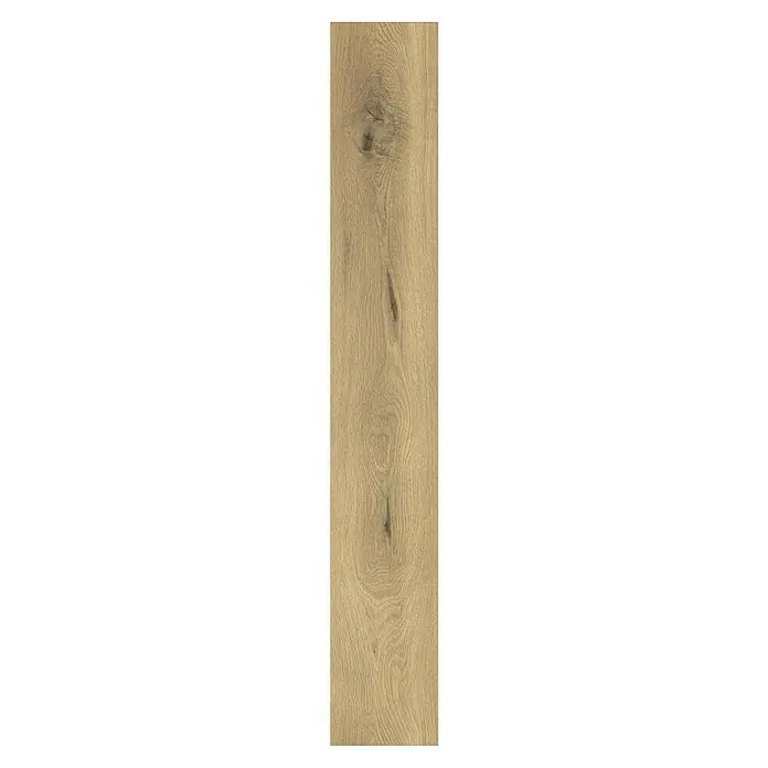 Laminat - Mühltal Eiche, Landhausdiele, 1.292 x 193 x 7 mm - Nahaufnahme einer einzelnen Diele Eichenparkett mit Maserung und Astlöchern, ideal für hochwertige Bodenbeläge.
