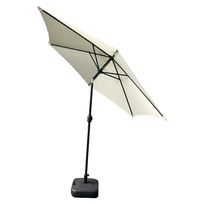 Parasol Arezzo - Crudo, Diámetro de cobertura: 270 cm - Una sombrilla de patio color crema con estructura y base negras, que proporciona sombra y protección solar.