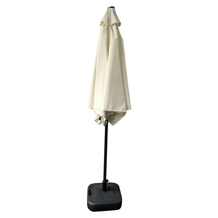 Parasol Arezzo - Crudo, Diámetro de cobertura: 270 cm - Sombrilla de jardín cerrada de color crema con soporte negro y base cuadrada negra.