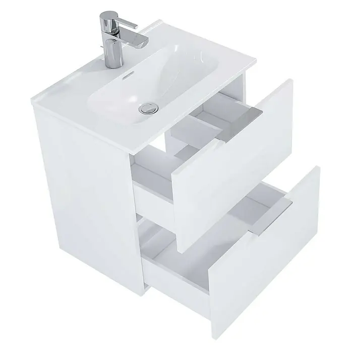 Riva Badmöbel-Set Street Plus - Gesamtbreite Badmöbel: 51,3 cm, Weiß, Hochglänzend, 2 -tlg. - Waschbeckenunterschrank mit zwei Schubladen. Das Becken und der Waschtisch sind in Weiß gehalten, der Wasserhahn ist verchromt.
