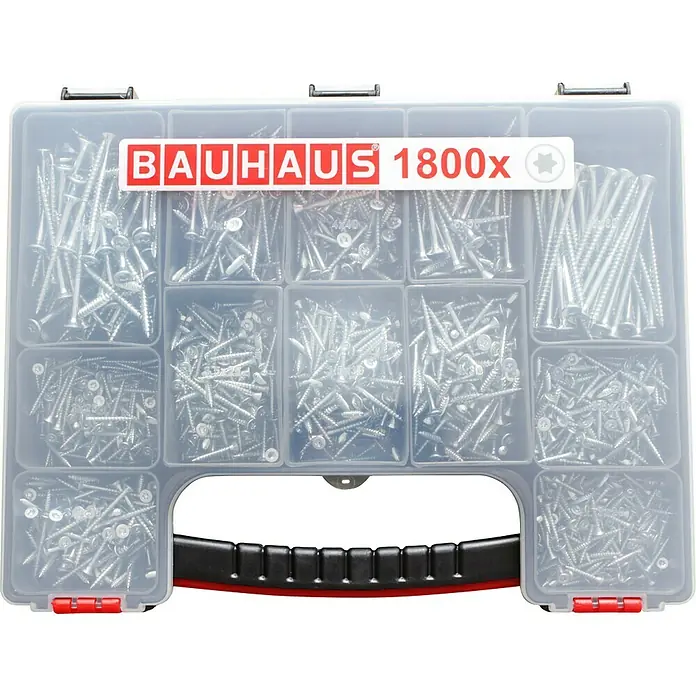 BAUHAUS Mehrzweckschrauben-Sortiment - TX für TORX-Antriebe, 1.800 -tlg. - Sortimentskasten mit 1800 Schrauben von Bauhaus, ideal für Heimwerker und Profis. Praktische Aufbewahrungslösung für verschiedene Schraubengrößen.