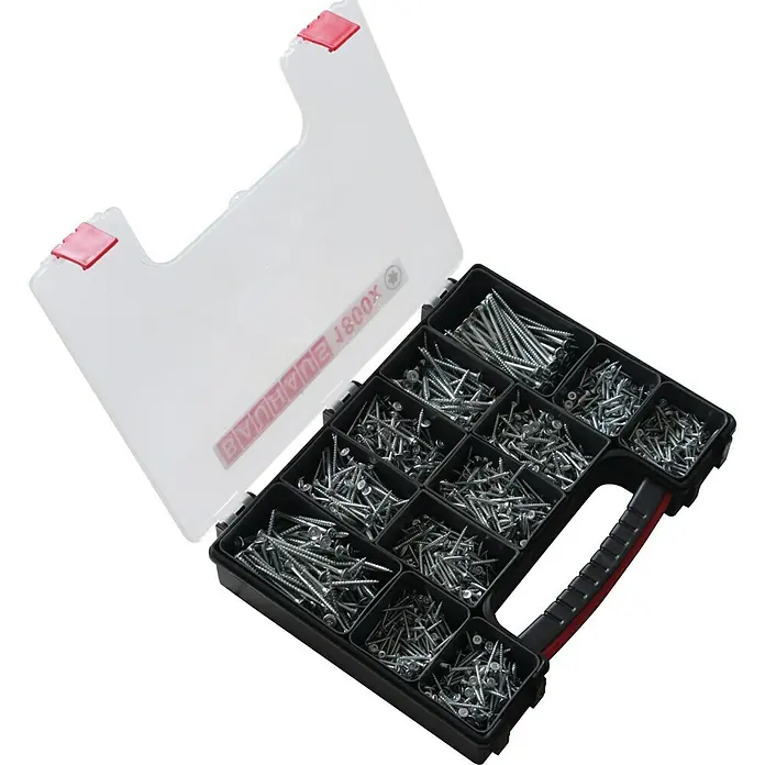 BAUHAUS Mehrzweckschrauben-Sortiment - TX für TORX-Antriebe, 1.800 -tlg. - Schraubensortiment in einem transparenten Organizer mit praktischem Griff. Ideal für Heimwerkerarbeiten und Reparaturen.