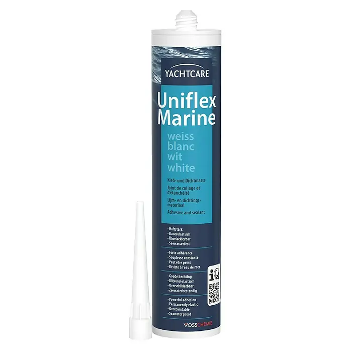 Yachtcare Uniflex PU - Schwarz, 310 ml - Abbildung einer Tube Yachtcare Uniflex Marine, einem weißen Kleb- und Dichtstoff für den Einsatz im maritimen Bereich.