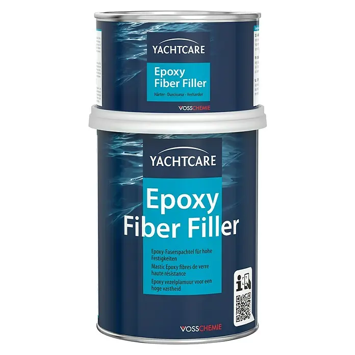 Yachtcare Epoxy Fiber Filler - 2 kg, Hellblau - Abbildung von zwei Dosen Yachtcare Epoxid-Faserspachtel, ideal für Reparaturen.