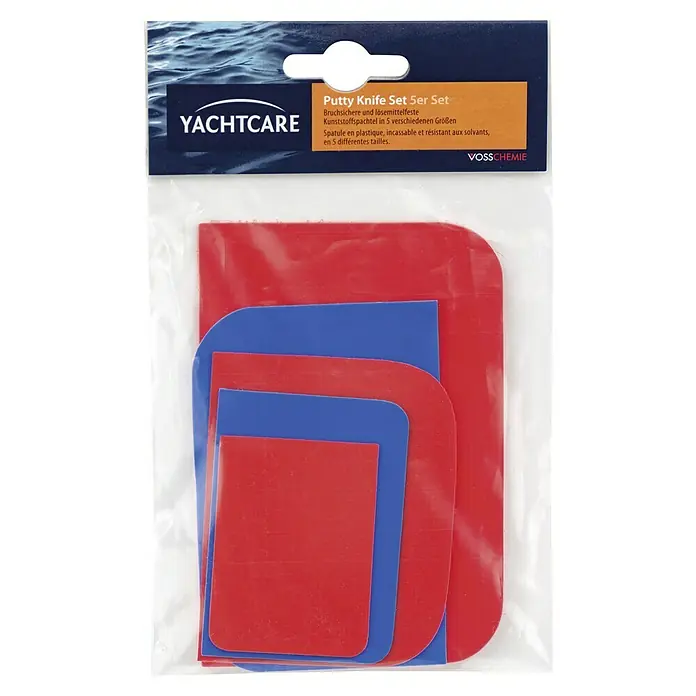 Yachtcare Plastikspachtel Putty Knife - 5 Stk. - Bild von Yachtcare Spachtelmesserset mit fünf Spachteln in verschiedenen Größen, verpackt in Folie.