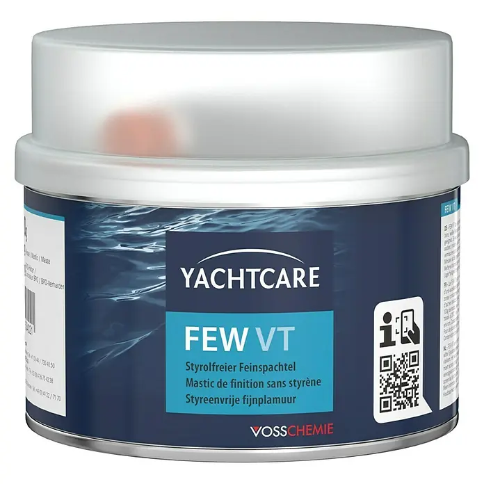 Yachtcare Feinspachtel FEW VT - 250 g, Weiß - Abbildung eines Yachtcare Few VT-Feinspachtel-Eimers. Der Spachtel ist styrolfrei und eignet sich für feine Ausbesserungen.
