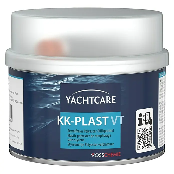 Yachtcare Füllspachtel KK-PLAST VT - 250 g - Abbildung einer Dose Yachtcare KK-Plast VT, einer spachtelmasse zum Füllen von Polyester, ideal für Bootsreparaturen und -wartung.