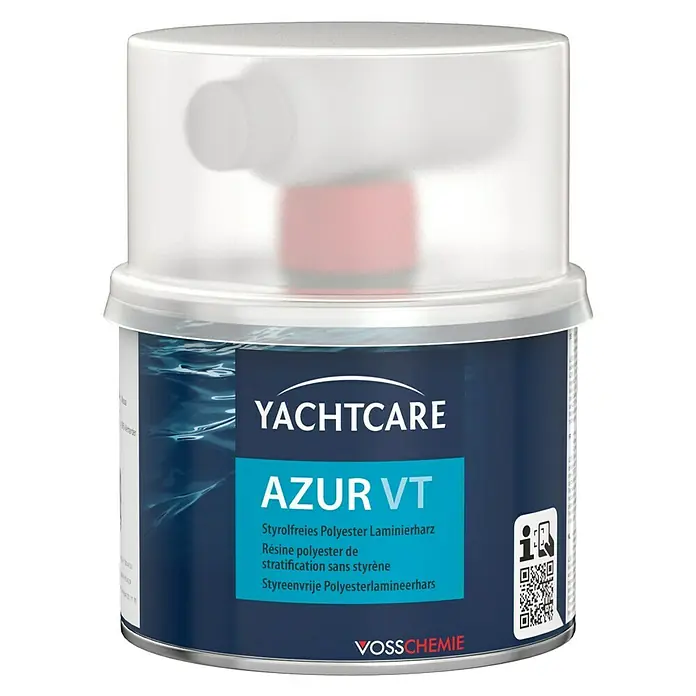 Yachtcare Poly-Laminierharz AZUR VT - 500 g, Cobalt Blau - Produktbild von Yachtcare Azur VT, einem styrolfreien Polyester Laminierharz für den Bootsbau, inklusive Deckel.
