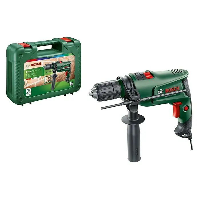 Bosch Schlagbohrmaschine EasyImpact 600 - 600 W, Leerlaufdrehzahl 1. Gang: 45.000 U/min - Bosch EasyImpact 600 Schlagbohrmaschine mit Zusatzhandgriff und Koffer für Heimwerkerarbeiten.