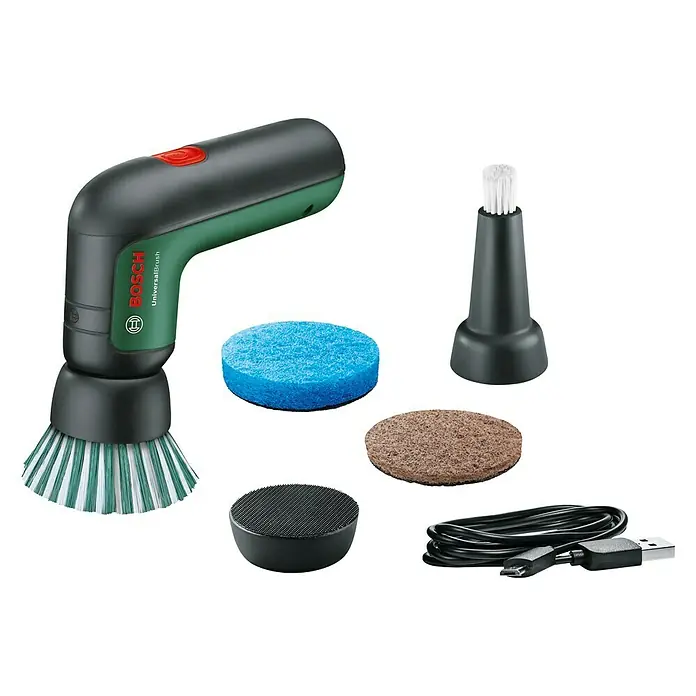 Bosch Akku-Reinigungsbürste UniversalBrush - 7 -tlg., 3,6 V, 1,5 Ah - Das Bosch UniversalBrush Set mit Zubehör, inklusive verschiedener Bürstenaufsätze und einem USB-Ladekabel, für vielfältige Reinigungsaufgaben.