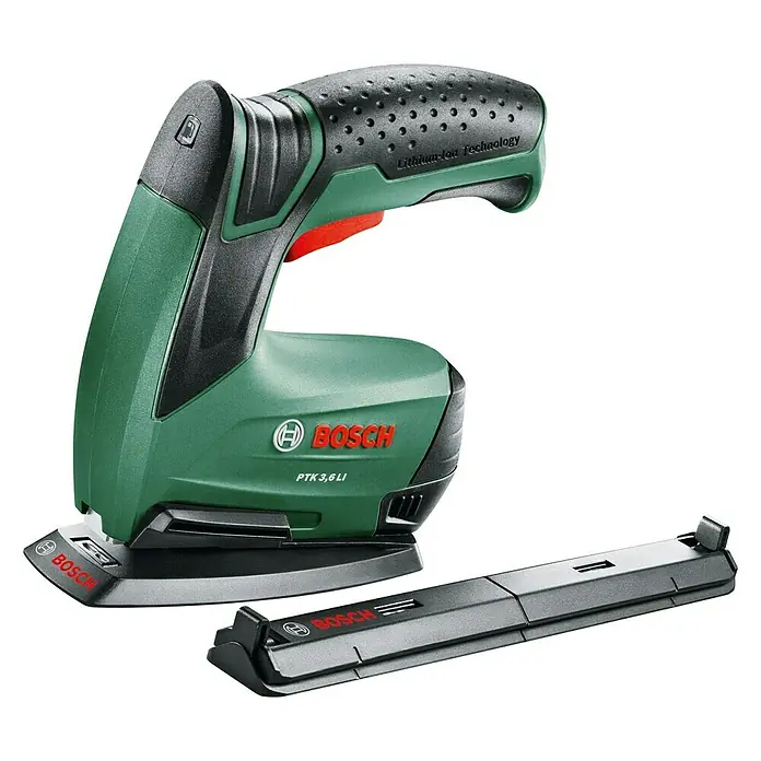 Bosch Akku-Tacker PTK 3,6 LI Office Set - 3,6 V, Klammertiefe: 4 mm - 10 mm - Der Bosch PTK 3,6 LI Akku-Tacker mit einem Ladegerät. Das grüne Elektrowerkzeug hat eine ergonomische Form und ist kabellos für flexible Anwendung.