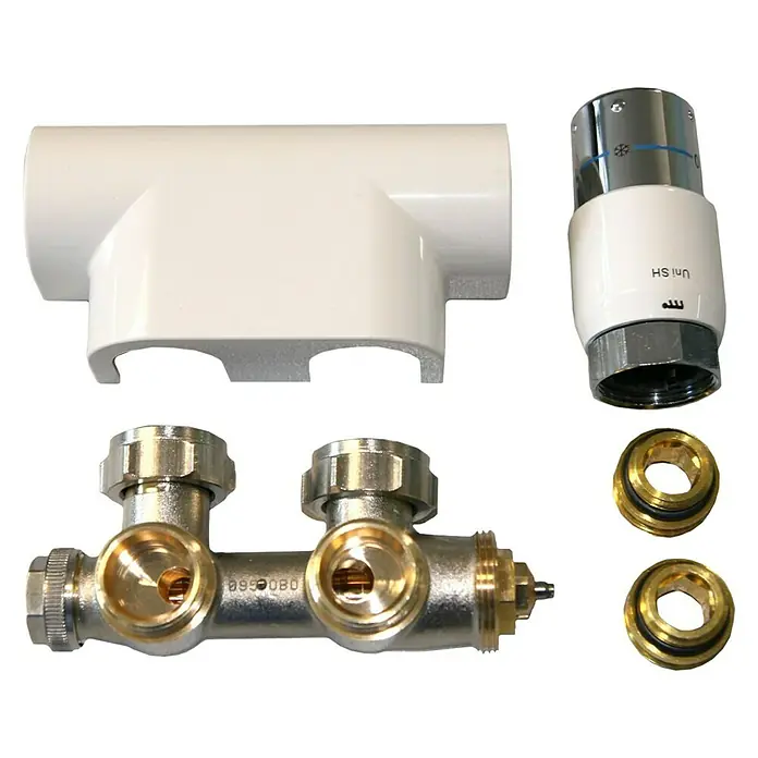 Szagato Mittelanschlussblock - ½″, Eck, Weiß/Chrom - Produktabbildung eines Heizkörperanschluss-Sets mit Thermostat, Ventilkörper und Abdeckung für Heizungsinstallationen.