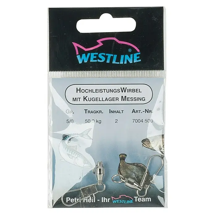 Westline Hochleistungswirbel - 4/0, Tragkraft: 40 kg - Die Packung Westline Hochleistungswirbel mit Kugellager Messing, Größe 5/0, Tragkraft 50,0 kg, Inhalt 2 Stück, Artikelnummer 7004 500.