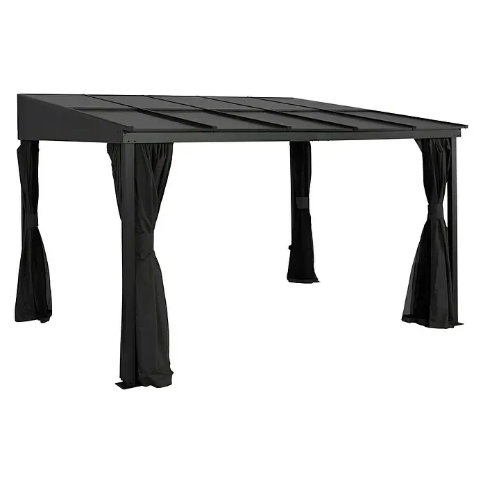 Sojag Terrassenüberdachung St. Barth - L x B x H: 240,4 x 366,8 x 240,2 cm, Metall, Schwarz - Ein stilvoller Pavillon mit Vorhängen. Er bietet Schatten und Privatsphäre und ist ideal für Gartenpartys oder zum Entspannen im Freien.