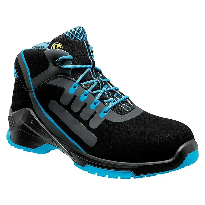 Steitz Secura Sicherheitsstiefel VD PRO 1800 SF - Schuhgröße: 44, S3 - Schwarzer und grauer Steitz Secura Sicherheitsstiefel mit blauen Akzenten und Schnürsenkeln für optimalen Schutz bei der Arbeit.