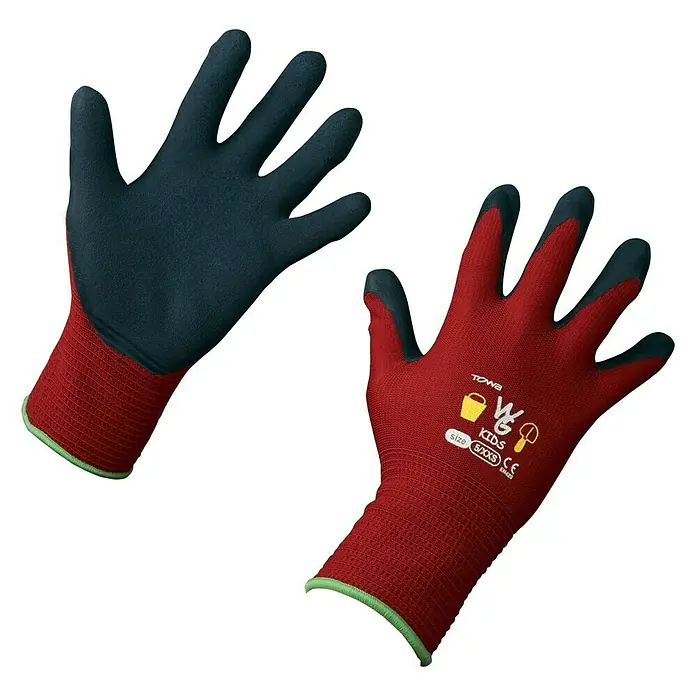 Freund Victoria Guantes de jardinería infantiles - 5, Rojo burdeos, Textil - Un par de guantes de jardinería para niños con muñeca roja y palma negra para mayor protección mientras juegan en el jardín.