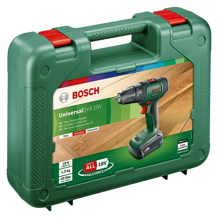 Bosch Power for All 18V Akku-Bohrschrauber UniversalDrill 18 - 18 V, 1 Akku, 1,5 Ah - Die grüne Bosch UniversalDrill 18V im Koffer, ein Akku-Bohrschrauber für müheloses Schrauben und Bohren in verschiedenen Materialien.
