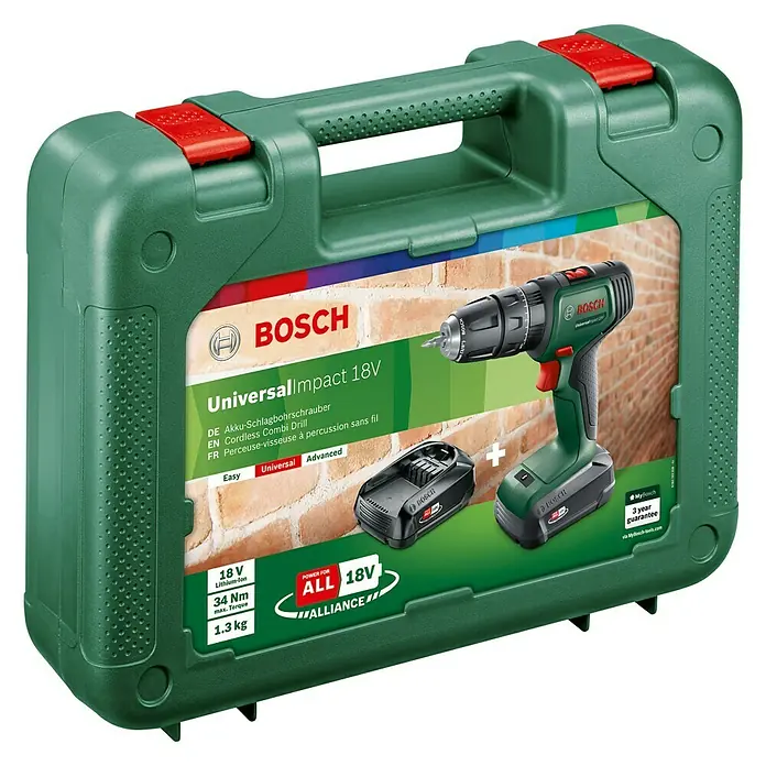 Bosch Power for All 18V Taladro atornillador percutor de batería UniversalImpact 18 - 18 V, 2 baterías, 1,5 Ah, 34 Nm - La imagen muestra un taladro combinado inalámbrico Bosch UniversalImpact 18V verde con accesorios en un maletín.