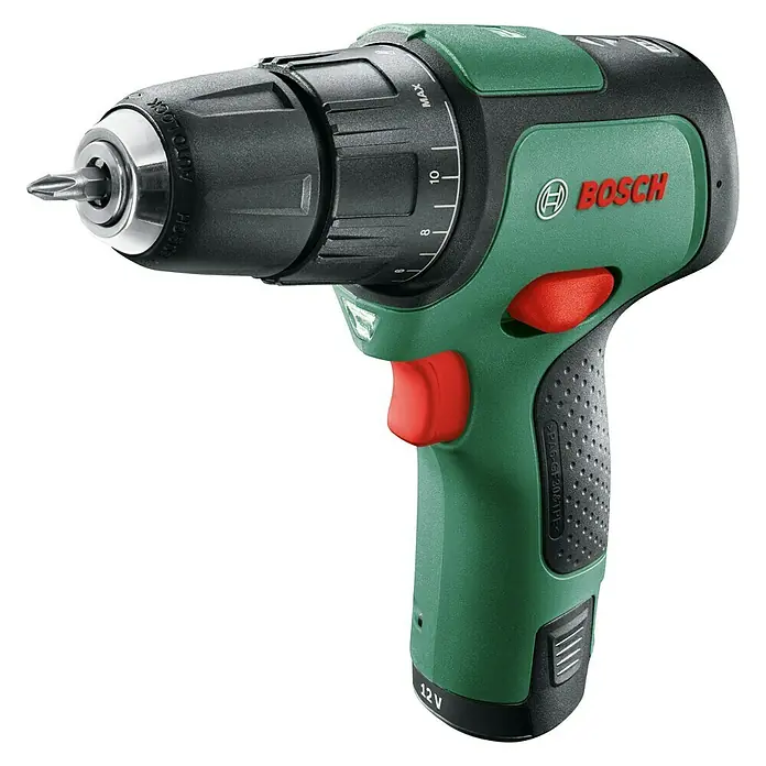 Bosch Power for All 12V Akku-Schlagbohrschrauber EasyImpact 12 - 12 V, 1 Akku, 2 Ah - Bild einer grünen Bosch Akku-Bohrmaschine, Modell PSR 12, mit schwarzem Bohrfutter und rotem Auslöser vor schwarzem Hintergrund.