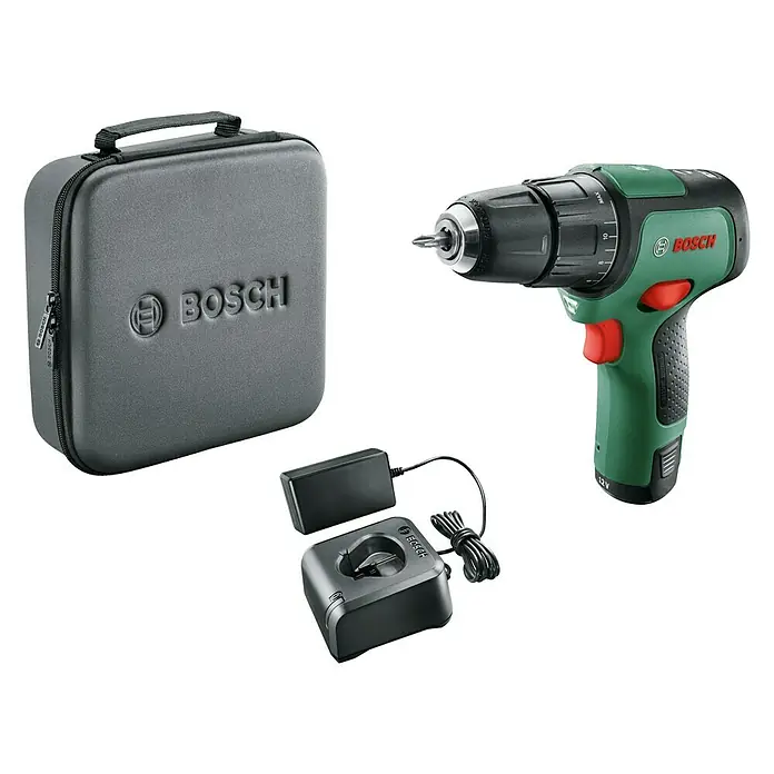 Bosch Power for All 12V Akku-Schlagbohrschrauber EasyImpact 12 - 12 V, 1 Akku, 2 Ah - Eine Bosch Akku-Bohrmaschine mit Ladegerät und Transportkoffer auf schwarzem Hintergrund.
