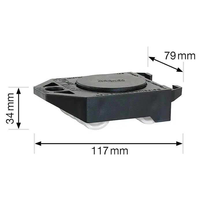 Stabilit Base con ruedas - L x An x Al: 11,7 x 7,9 x 3,4 cm, Capacidad de carga: 200 kg, Plástico - Imagen del producto de un rodillo para muebles negro con dimensiones. Una ayuda práctica para mover muebles fácilmente.