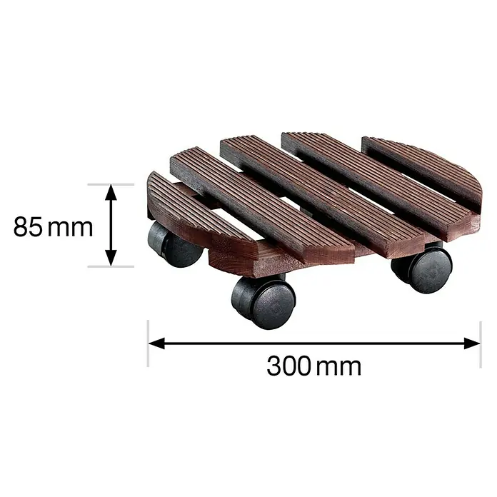 Wagner System Pflanzenroller Andaluz - Holz, Palisander, Max. Belastung: 100 kg - Bild eines braunen Pflanzenrollers aus Holz mit schwarzen Rädern und den Maßen 300 x 85 mm.