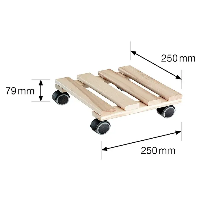 Wagner System Pflanzenroller Classic Soft - Quadratisch, Buche, Max. Belastung: 100 kg - Produktansicht des Blumenrollis aus Holz mit den Maßen 250 x 250 x 79 mm.