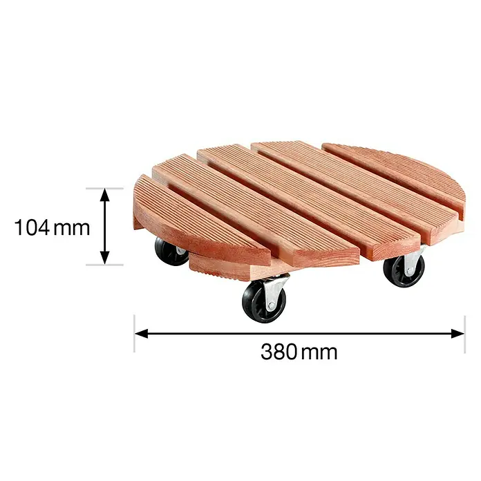 Wagner System Pflanzenroller Florenz - Durchmesser: 37,5 cm, Kiefer - Bild eines Pflanzenrollers aus Holz mit Rollen und den Maßangaben 104 mm und 380 mm.