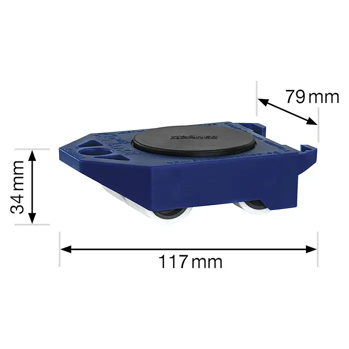 Wagner System Base con ruedas - L x An x Al: 11,7 x 7,9 x 3,4 cm, Capacidad de carga: 200 kg, Plástico - La imagen muestra un transportador de muebles azul con dimensiones de 117 mm de largo, 79 mm de ancho y 34 mm de alto.