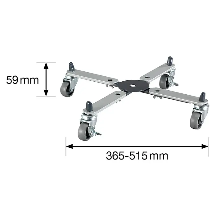 Wagner System Pflanzenroller Sunline Basic - Stahl, Max. Belastung: 100 kg - Abbildung eines verstellbaren Untergestells mit Rollen, Höhenangabe 59mm und Breitenbereich 365-515mm.
