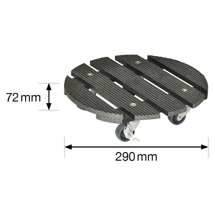 Wagner System Pflanzenroller - 29 cm, WPC, Anthrazit, Max. Belastung: 100 kg - Produktbild einer runden, hölzernen Pflanzenroller mit Rollen. Die Maße sind 72 mm hoch und 290 mm breit.