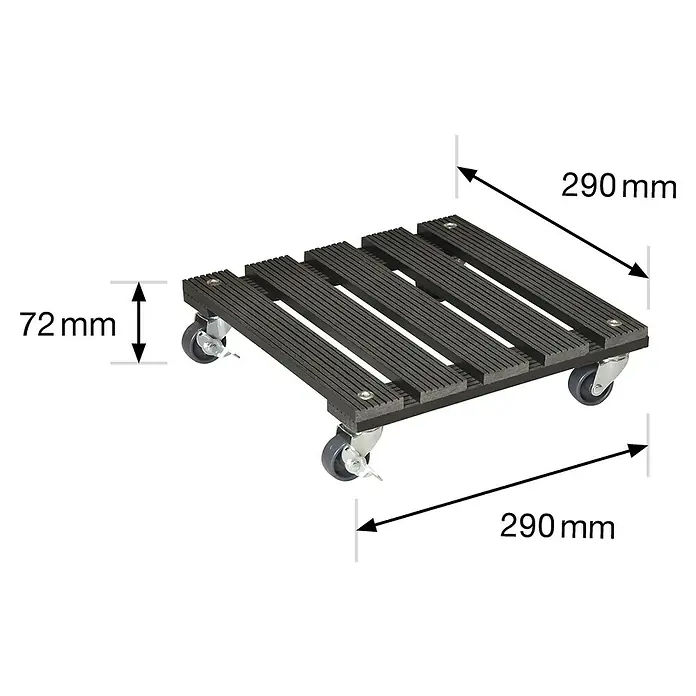Wagner System Pflanzenroller - 29 x 29 cm, WPC, Anthrazit, Max. Belastung: 80 kg - Abbildung einer schwarzen Pflanzenroller mit Abmessungen von 290 mm x 290 mm und einer Höhe von 72 mm.