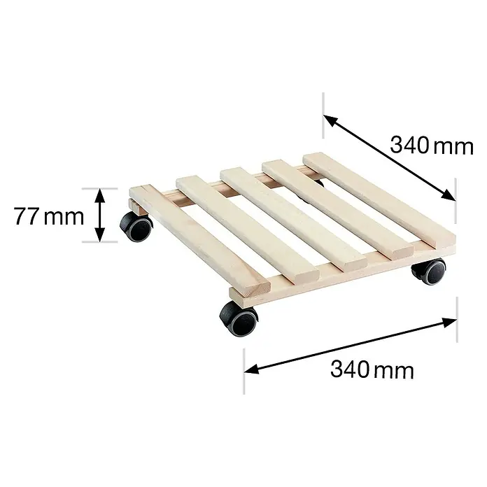 Wagner System Pflanzenroller Paletti - 34 x 34 cm, Max. Belastung: 100 kg - Produktbild eines Pflanzenrollers aus hellem Holz mit schwarzen Rollen und Maßangaben.