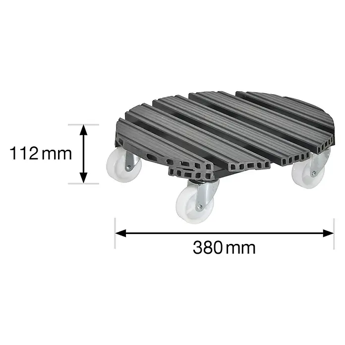 Wagner System Pflanzenroller - 38,5 cm, WPC, Anthrazit, Max. Belastung: 120 kg - Abbildung eines Pflanzenrollers mit den Maßen 112mm Höhe und 380mm Länge.\n