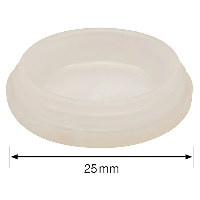 Wagner System Möbeluntersetzer Quickclick Stopp - Durchmesser: 25 mm, 8 Stk. - Nahaufnahme einer runden, cremefarbenen Plastikkappe mit einer Angabe von 25 mm Durchmesser.