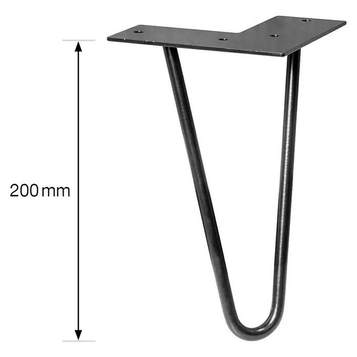 Wagner System Möbelfuß Hairpinlegs - Stahl, Höhe: 20 cm, Schwarz - Das Bild zeigt ein einzelnes, schwarzes Haarnadel-Tischbein mit einer Höhe von 200 mm und einer rechteckigen Montageplatte.
