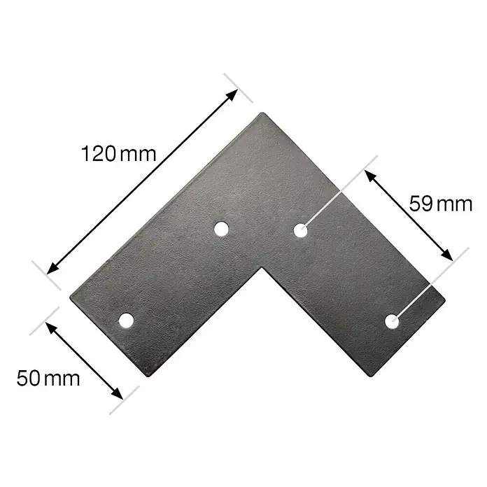 Wagner System Möbelfuß Hairpinlegs - Stahl, Höhe: 20 cm, Schwarz - Bild eines Winkelverbinders aus Metall mit Maßangaben, die 120 mm, 59 mm und 50 mm betragen.