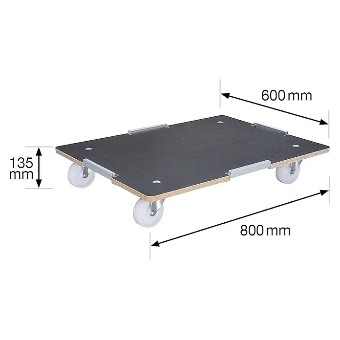 Wagner System Transportroller Barrera MM 1379 - L x B x H: 80 x 60 x 13,5 cm, Traglast: 400 kg, Holz - Produktbild einer Möbelroller-Transportkarre aus Holz mit den Maßen 800x600x135 mm und vier weißen Rollen.