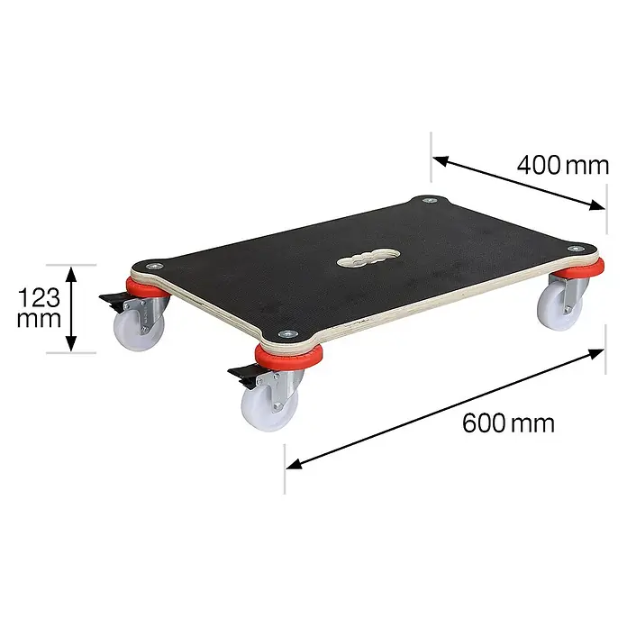 Wagner System Transportroller Protection MM 1370 - L x B x H: 600 x 400 x 123 mm, Traglast: 200 kg, Holz - Produktbild einer Transportrolle mit den Maßen 400 x 600 x 123 mm.