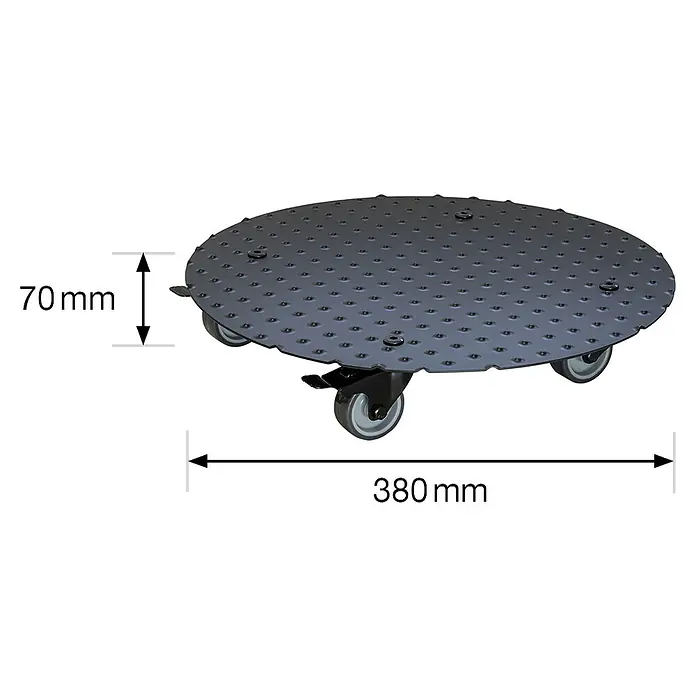 Wagner System Pflanzenroller - Durchmesser: 38 cm, Aluminium, Schwarz, Max. Belastung: 150 kg - Abbildung eines schwarzen Pflanzenrollers mit den Maßen 380 mm x 70 mm, der das einfache Bewegen von Pflanzen ermöglicht.