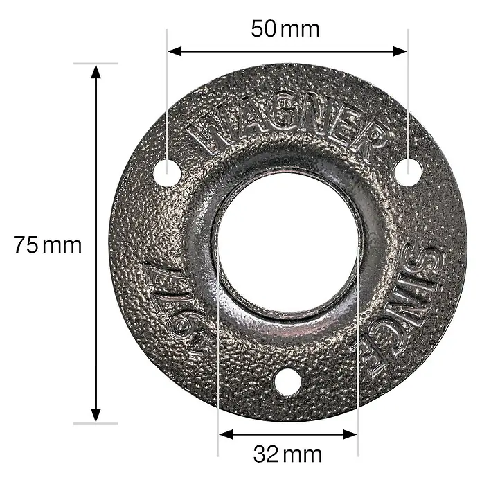 Wagner System Möbelfuß Industrial Pipe - Stahl, Höhe: 40 cm - Ansicht eines Flansches aus Tempergussrohr mit den Maßen 75x50x32 mm, der ein perfektes Zubehör für Sanitärprojekte darstellt.
