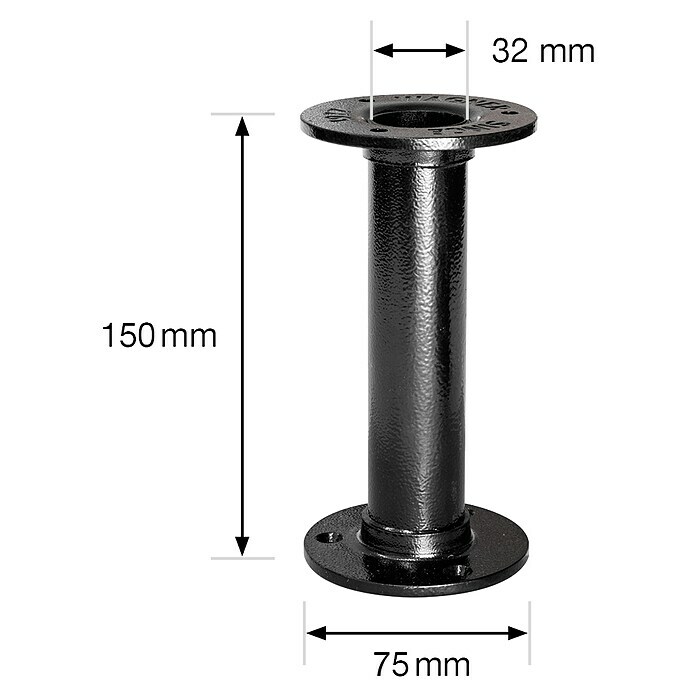 Wagner System Möbelfuß Industrial PipeHöhe: 150 mm, Stahl, Schwarz Sketch