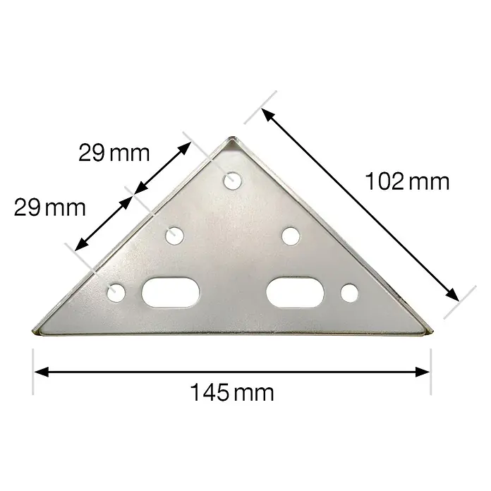 Wagner System Möbelfuß Sofa Style - L x B x H: 10 x 10 x 12 cm, Stahl - Metallwinkel mit Maßen. Der Winkel ist dreieckig und hat Löcher für Schrauben, mit den Maßen 145 mm, 102 mm und 29 mm.