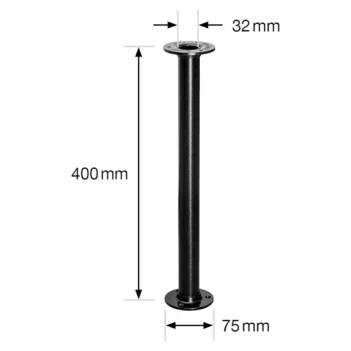 Wagner System Möbelfuß Industrial Pipe - Stahl, Höhe: 40 cm - Abbildung einer schwarzen Metallsäule mit Flanschen und Maßangaben.