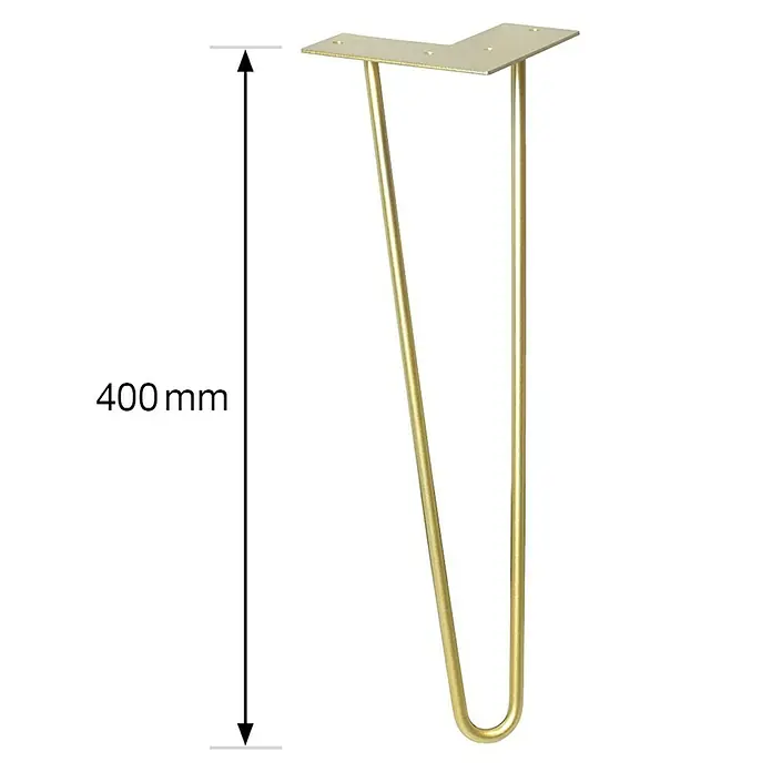Wagner System Möbelfuß Hairpinlegs - Stahl, Höhe: 40 cm, Gold - Produktbild eines goldenen 400-mm-Tischbeins aus Metall in Haarnadelform mit Montageplatte für Möbeldesigns.