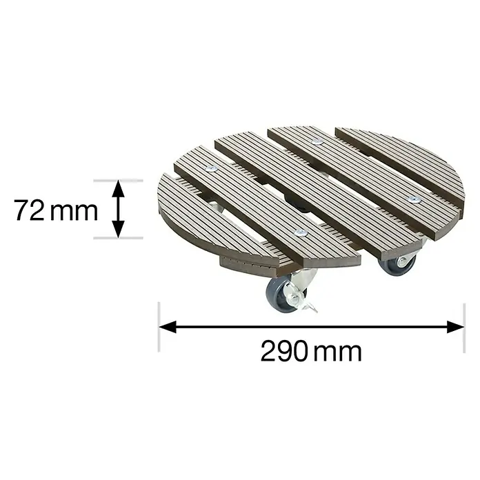 Wagner System Pflanzenroller - WPC, Taupe, Max. Belastung: 100 kg - Abbildung eines runden Pflanzenrollers aus Holz mit Rollen und Maßangaben von 72 mm Höhe und 290 mm Durchmesser.