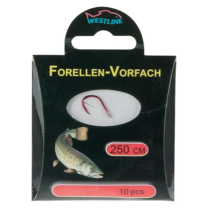Westline Forellenvorfach - Größe Haken: 8, Ø x L: 0,22 mm x 250 cm, 10 Stk. - Forellen-Vorfach-Packung mit einem roten Haken, einer Forellenabbildung und der Aufschrift "250 cm" und "10 Stück".